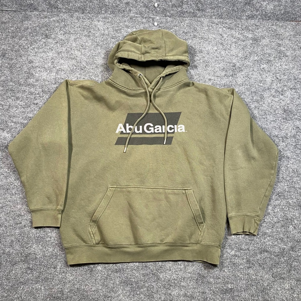 Abu Garcia Mens Graphic Hoodie Olive Green Pullover Sweatshirt Size Large